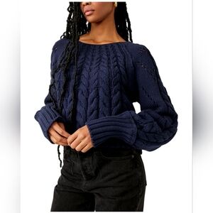 Free People Navy Sandre Cable-Knit Scoop-Neck Sweater